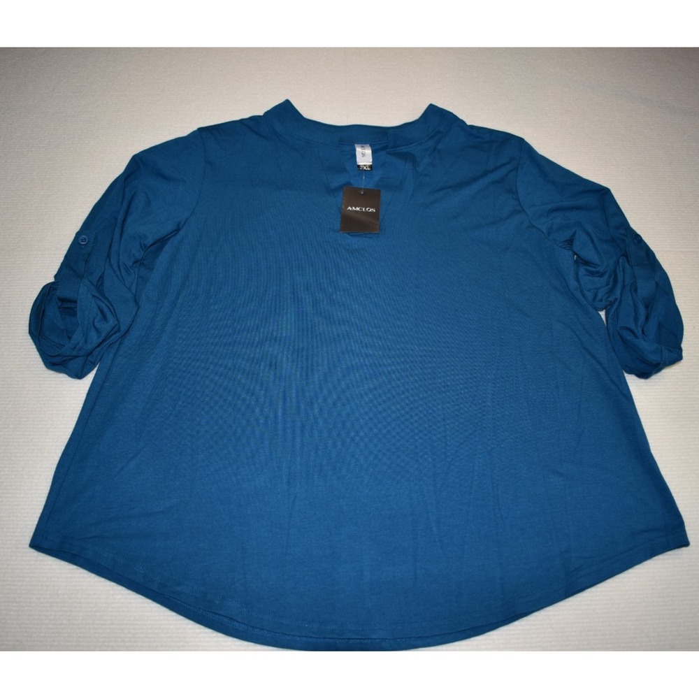 AMCLOS Blouse Womens 2XL Plus Blue V Neck 3/4 Sleeve Jersey Tunic Stretch Top